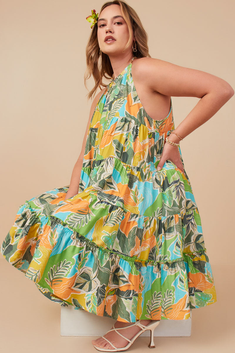 HY8217W Blue Mix Plus Textured Botanical Print Tiered Tank Dress Pose