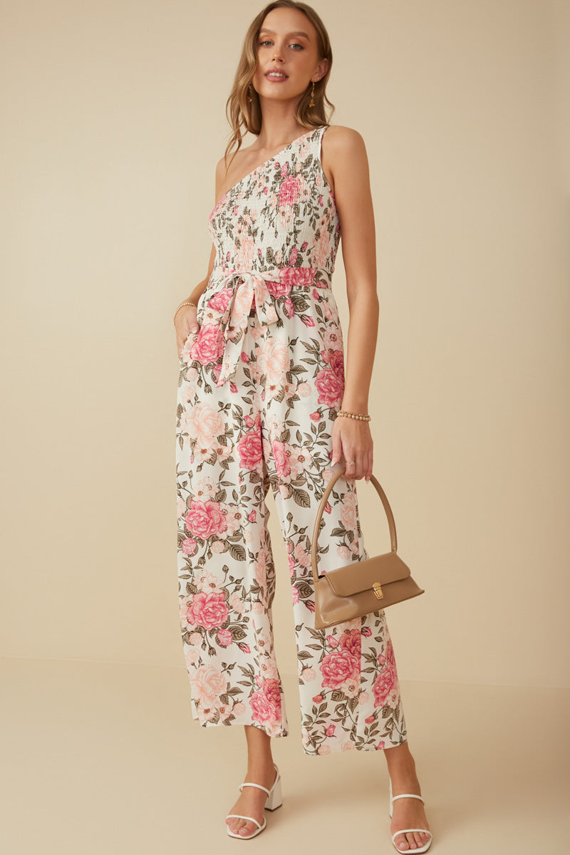 HY8232 Pink Womens Romantic Floral Smocked One Shoulder Jumpsuit Back