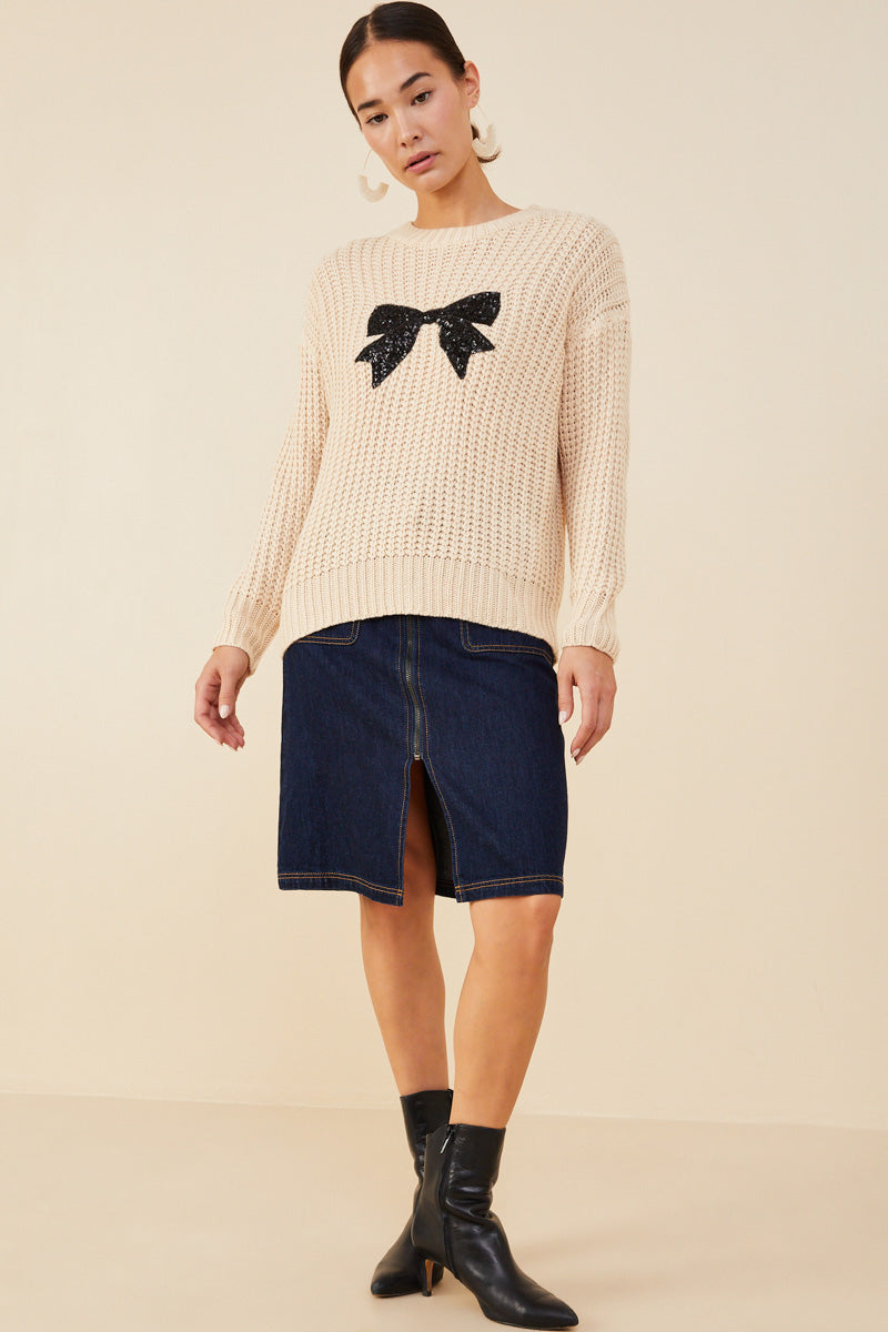 HY8339 Ivory Womens Low Gauge Sweater with Sequin Bow Patch Full Body