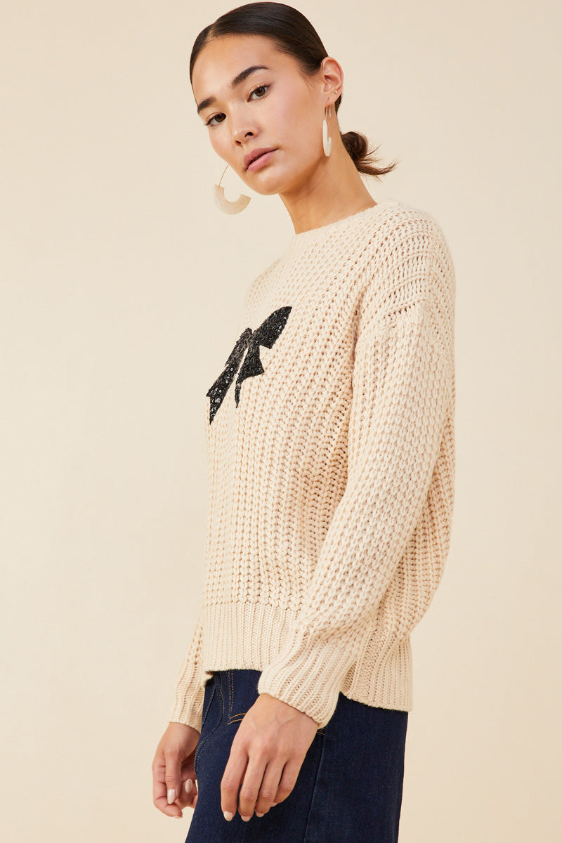 HY8339 Ivory Womens Low Gauge Sweater with Sequin Bow Patch Side
