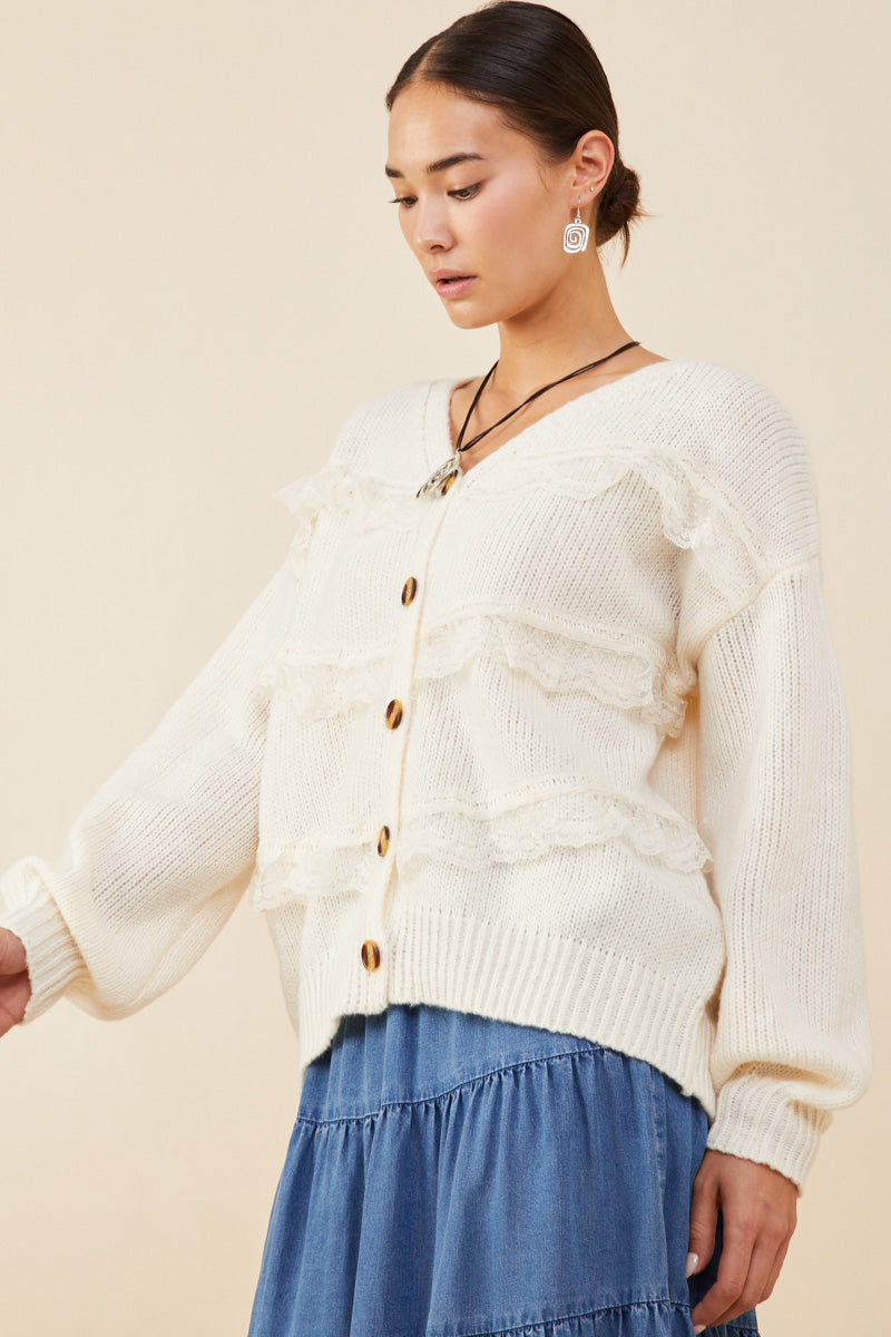HY8343 Pink Womens Lace Frilled Buttoned Sweater Cardigan Front