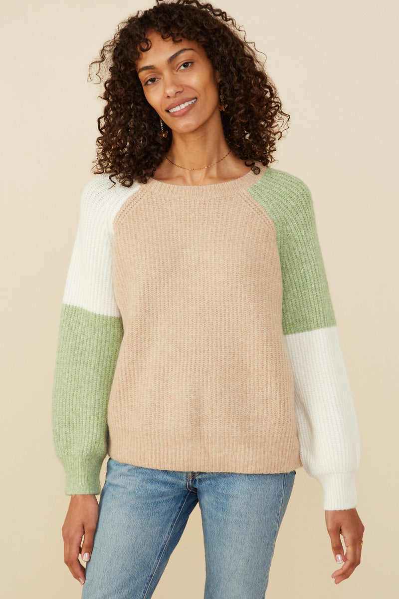 HY8347W Taupe Mix Plus Asymmetric Color Block Pullover Sweater Front