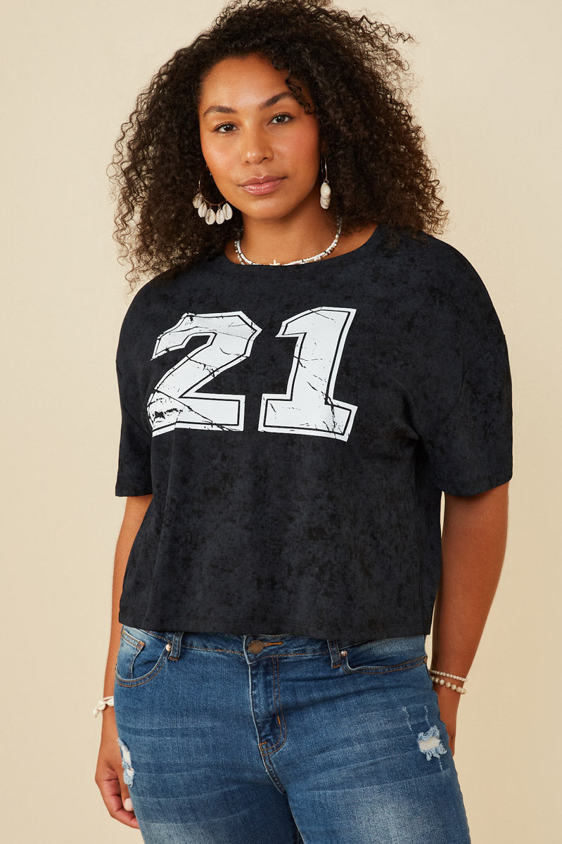 HY8525W Lavender Plus Distressed Print Washed Athletic Jersey Top Gif