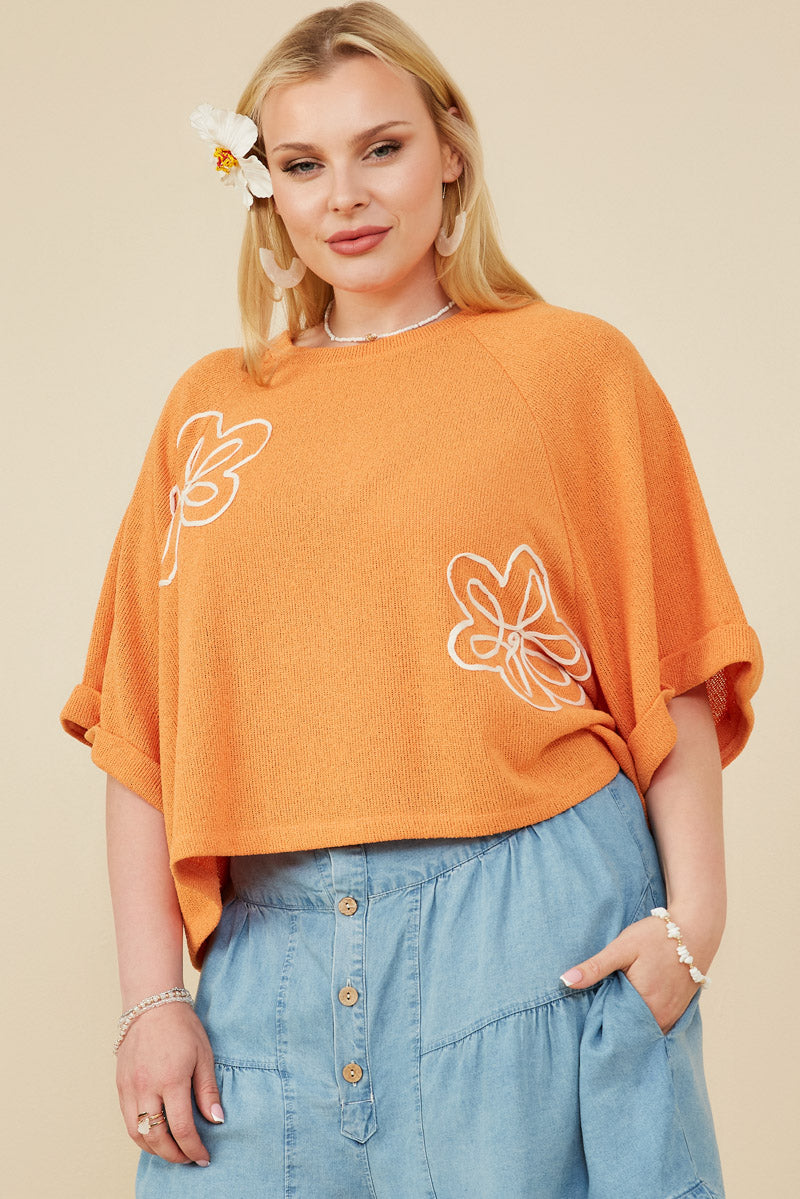HY8531W Peach Plus Floral Embroidered Dolman Sleeve Knit Tee Front
