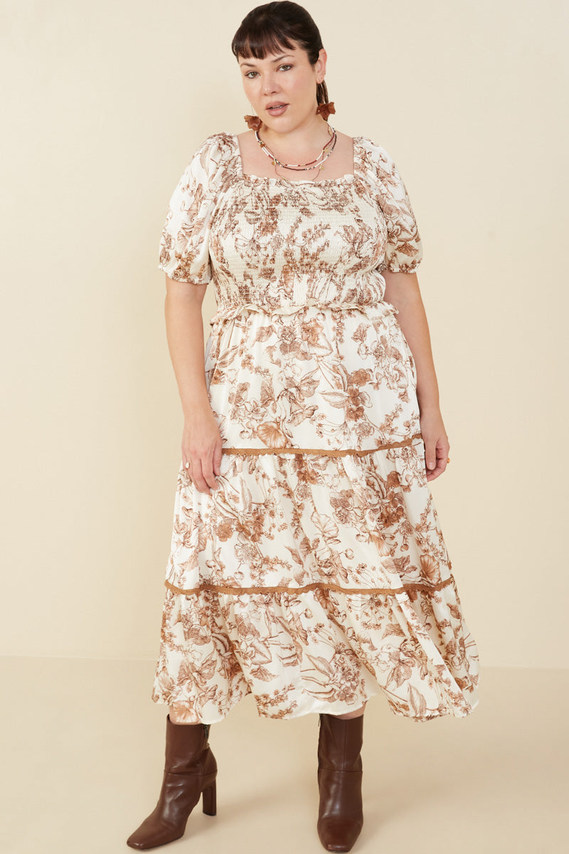 Botanical Print Lace Trimmed Satin Dress Plus Size 1X Botanical Print Lace Trimmed Satin Dress Plus Size 1X