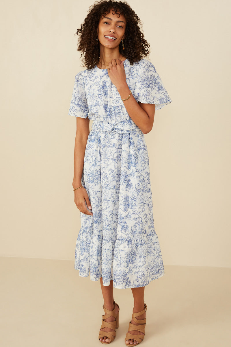 HY8607W Blue Womens Antique Floral Twist Waist Tie Dress Full Body