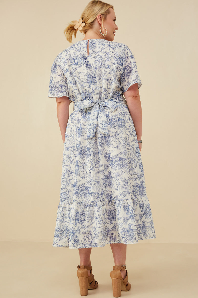 HY8607W Blue Womens Antique Floral Twist Waist Tie Dress Gif