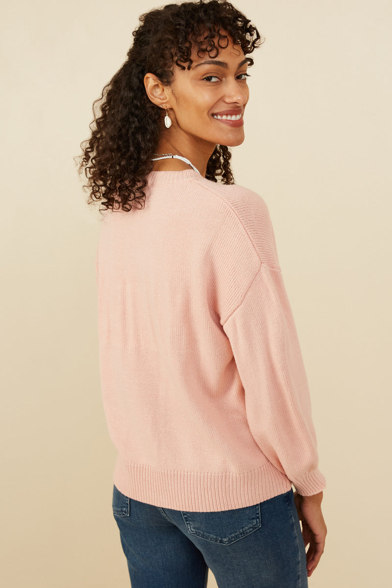 HY8648 Pink Womens Malibu Applique Pullover Sweater Front