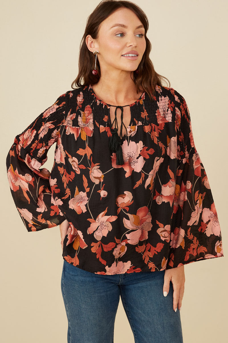 HY8664 Black Womens Textured Floral Smocked Tie Front Top Front