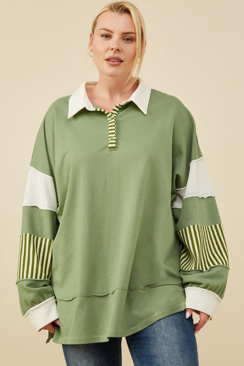 HY8696 Pink Womens Mixed Media Print Blocked Knit Rugby Shirt Front