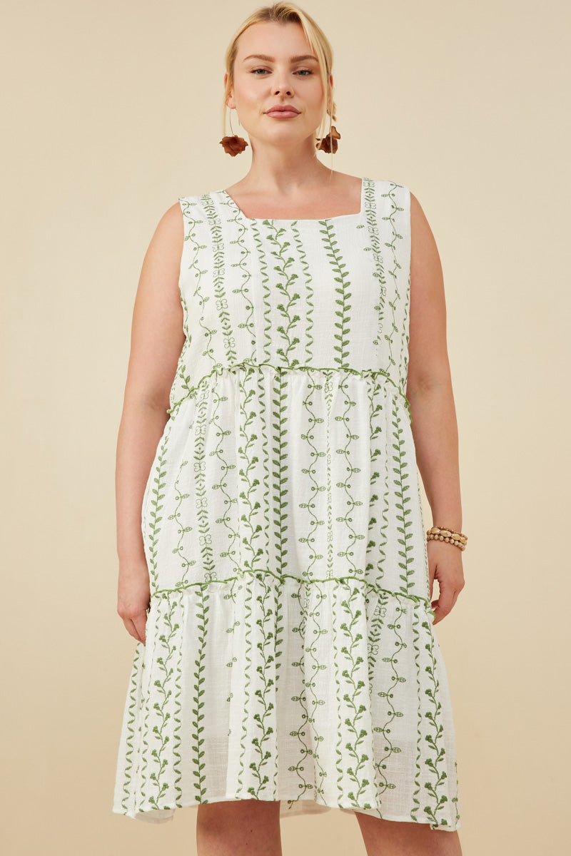 HY8718W Pink Plus Botanical Embroidered Ruffle Tiered Tank Dress Front