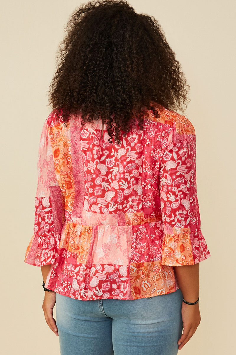 HY8719W Pink Mix Plus Print Blocked Cinch Sleeve Baby Doll Top Gif