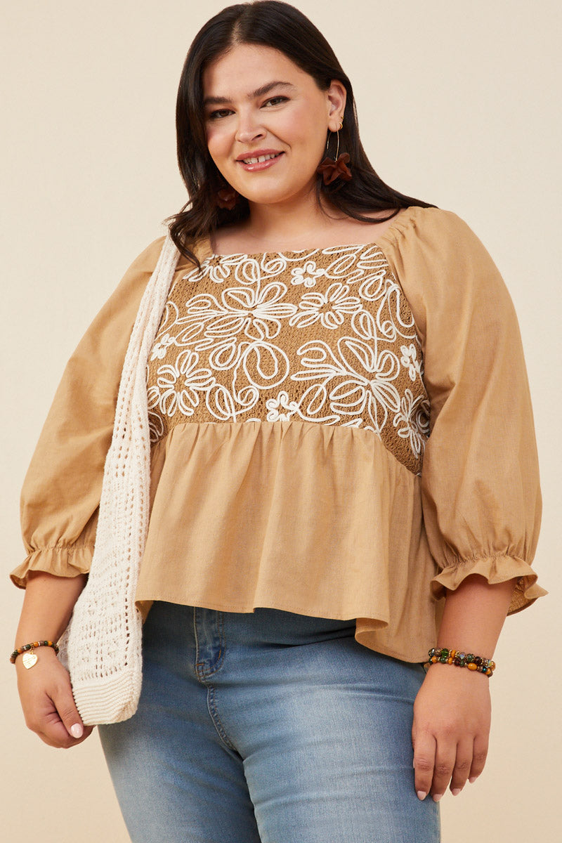 HY8721 Taupe Womens Floral Embroidered Mix Media Peplum Top Front