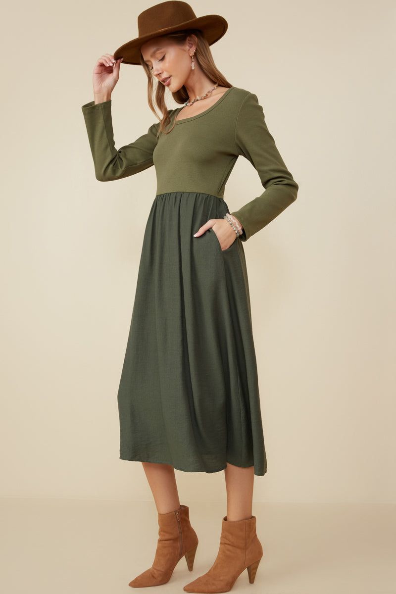 HY8774 Olive Womens Ribbed Knit Mixed Media Scoop Neck Dress Side