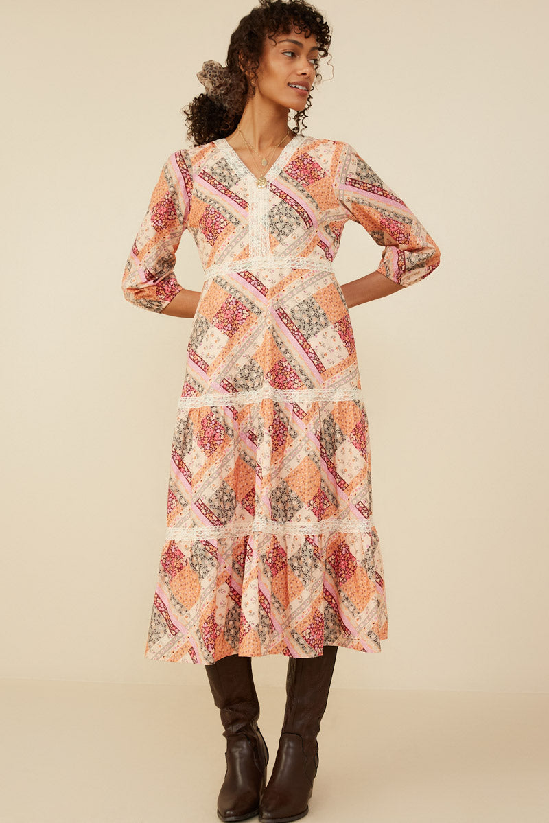 HY8799W Burgundy Mix Plus Quilt Print Lace Detail Tiered Dress Front