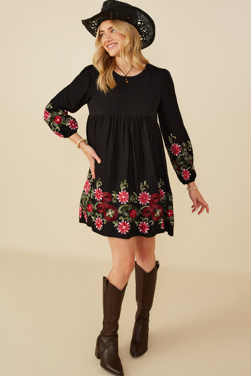 HY8814W Mustard Plus Embroidered Detail Long Sleeve Scoop Neck Dress Pose