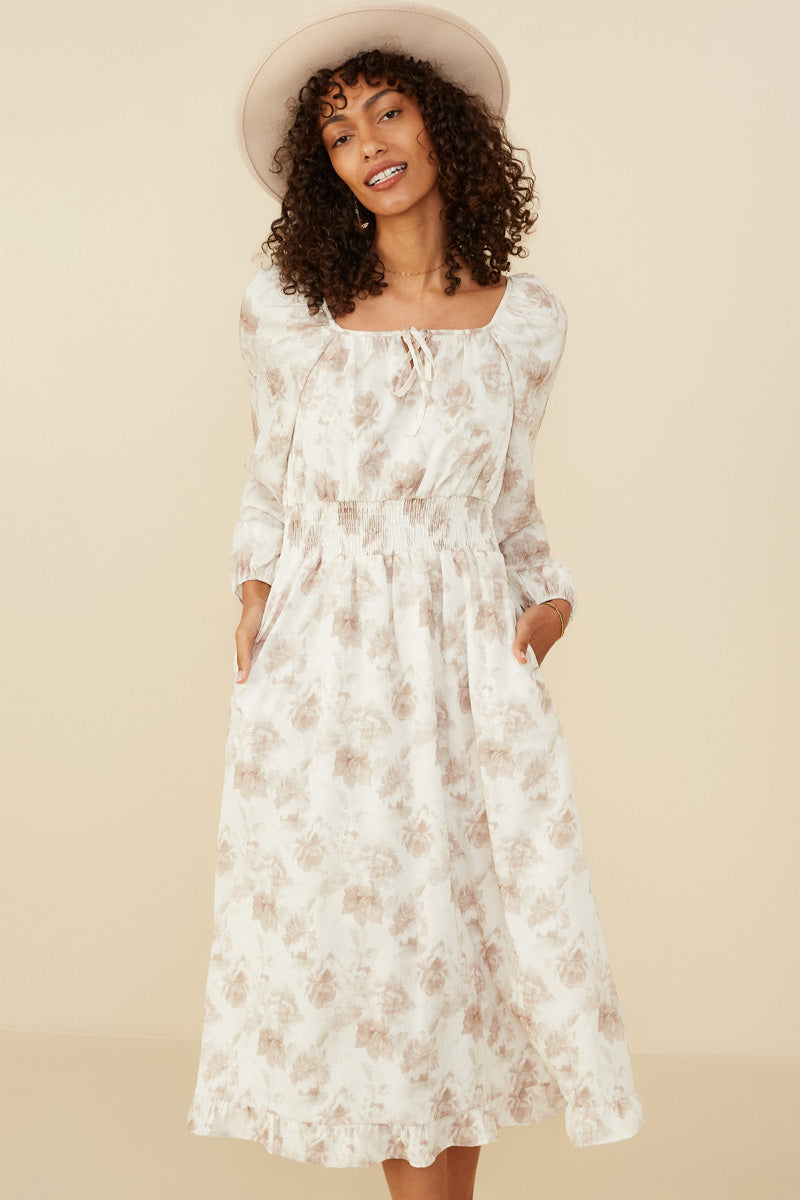 HY8837 Taupe Womens Textured Floral Smocked Waist Dress Back