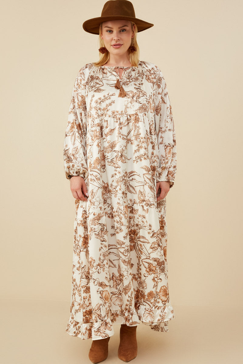 HY8853 Brown Womens Floral Print Ruffle Hem Tie Front Maxi Dress Side