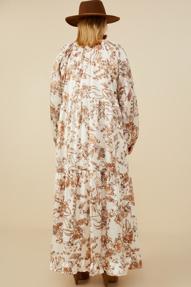 HY8853W Brown Womens Floral Print Ruffle Hem Tie Front Maxi Dress Full Body