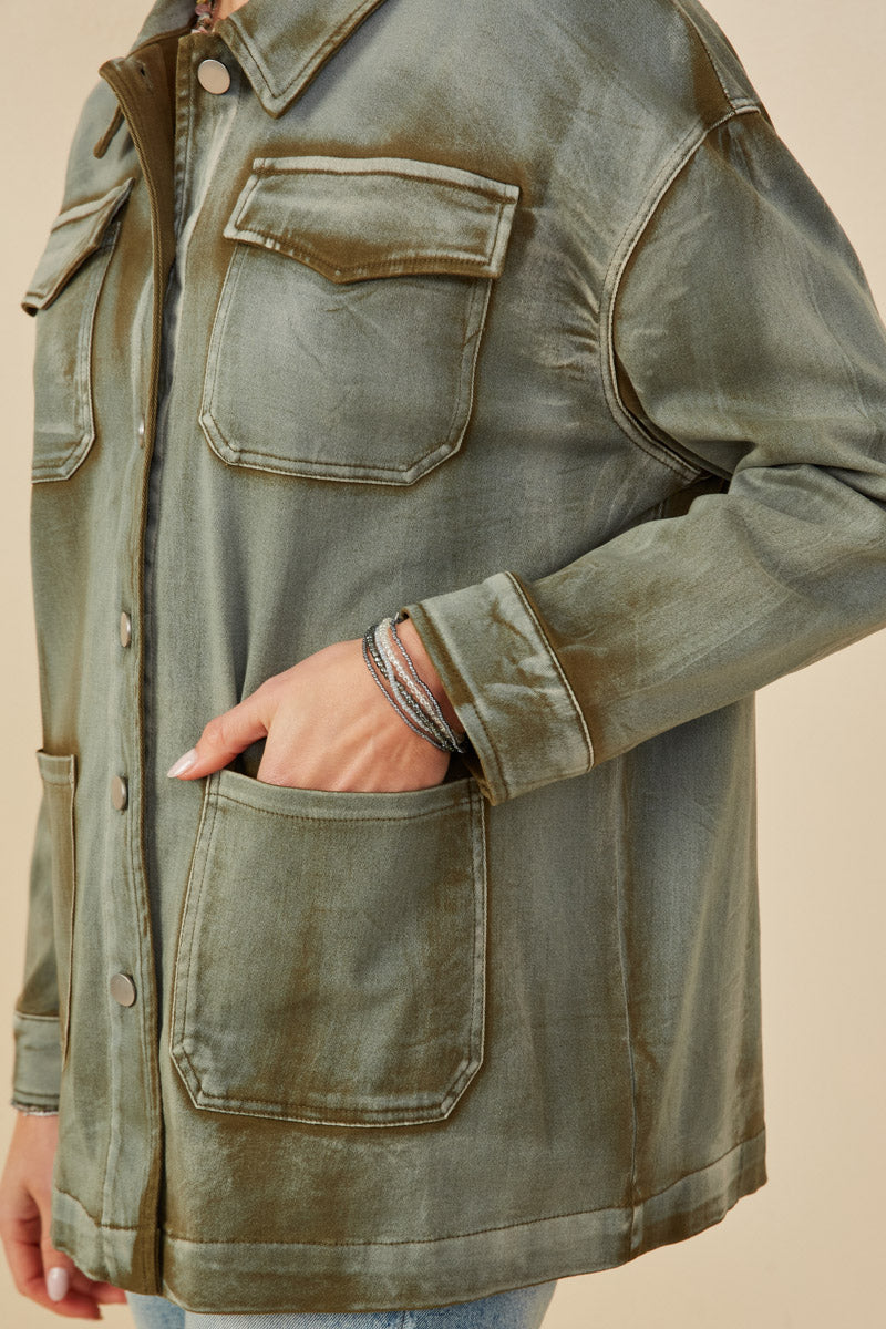 HY8865 Olive Womens Washed Patch Pocket Detail Chore Jacket Full Body