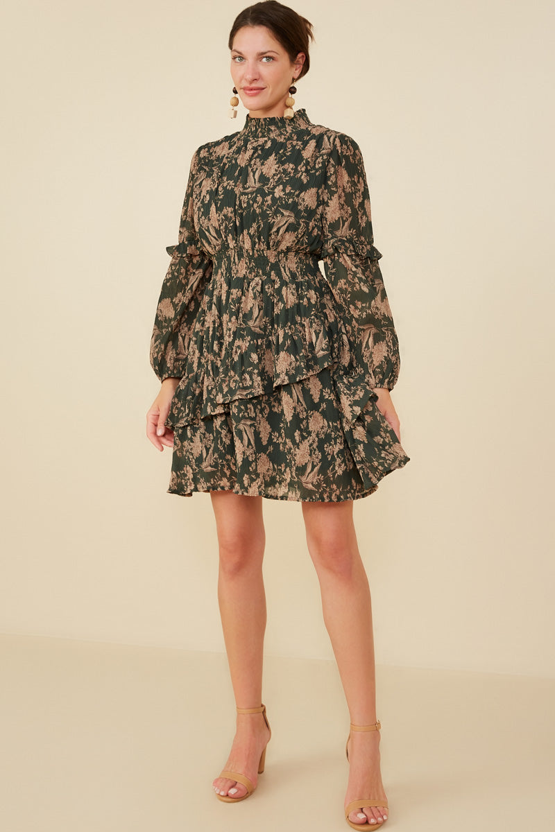 HY8898 Taupe Womens Pleat Textured Antique Floral Ruffle Detail Dress Back