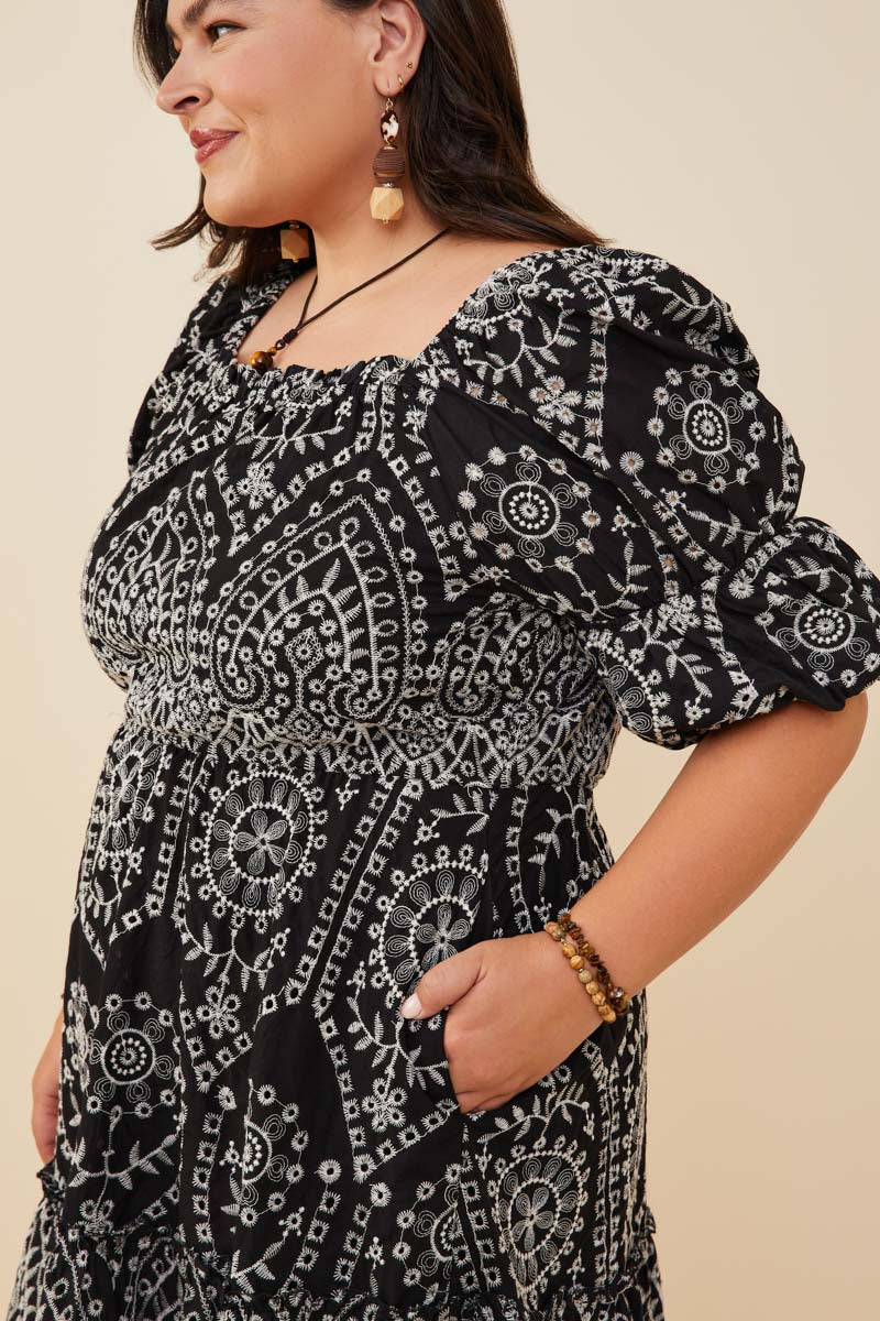 HY8908W Black Plus Eyelet Embroidered Puff Sleeve Scallop Hem Dress Gif