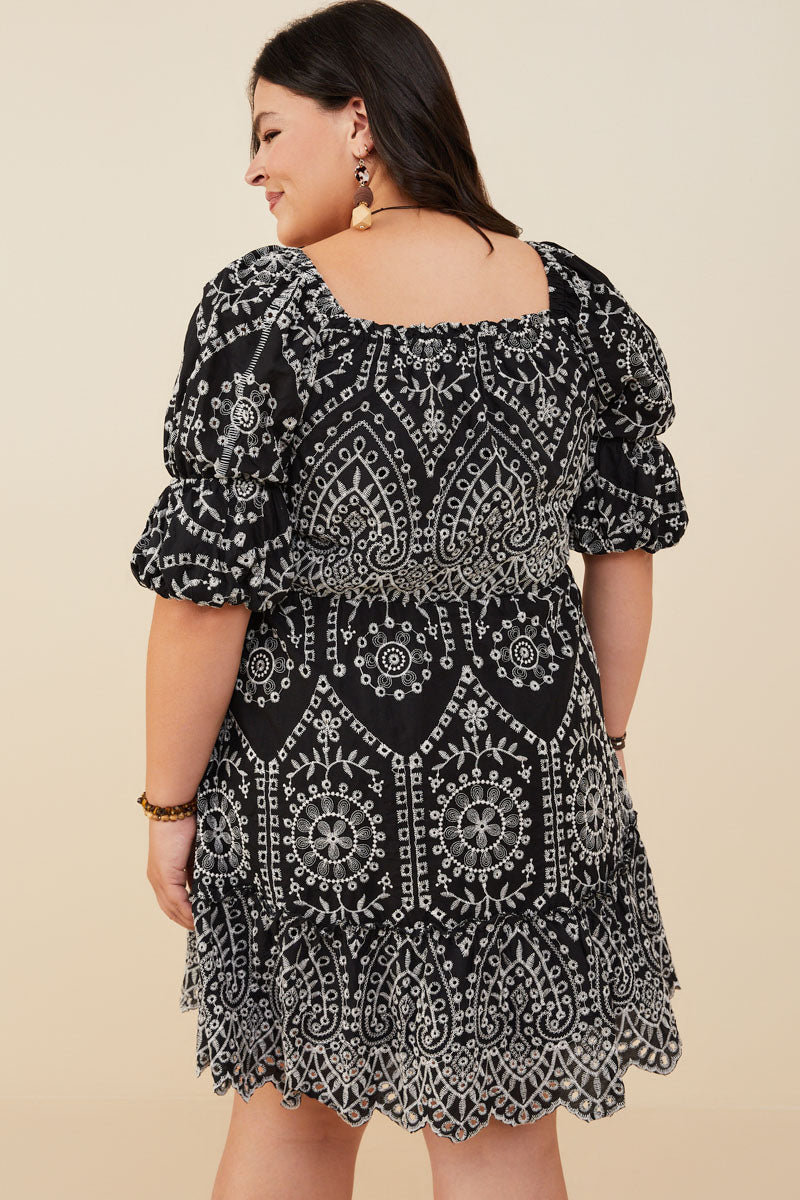 HY8908W Black Plus Eyelet Embroidered Puff Sleeve Scallop Hem Dress Full Body