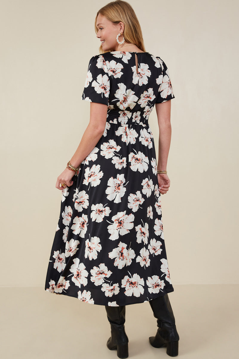 HY9192 Black Womens Romantic Floral Smocked Waist Slit Detail Dress Side