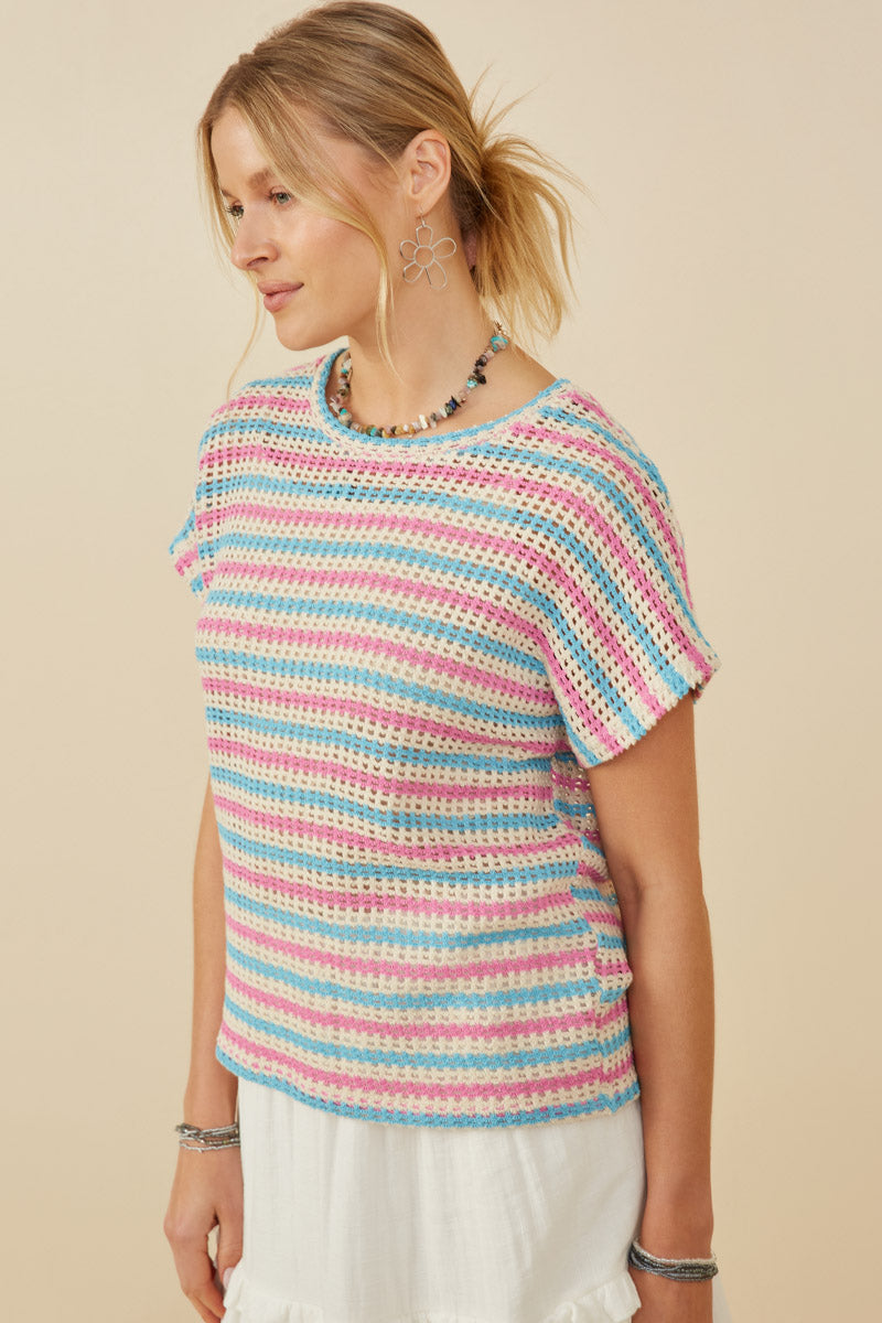 HY9221 Pink Mix Womens Open Knit Multi Stripe Boxy Dolman Top Full Body