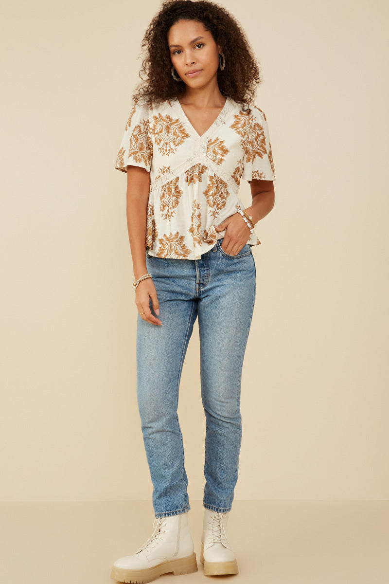 HY9273 Taupe Womens Textured Print Lace Detailed V Neck Top Full Body