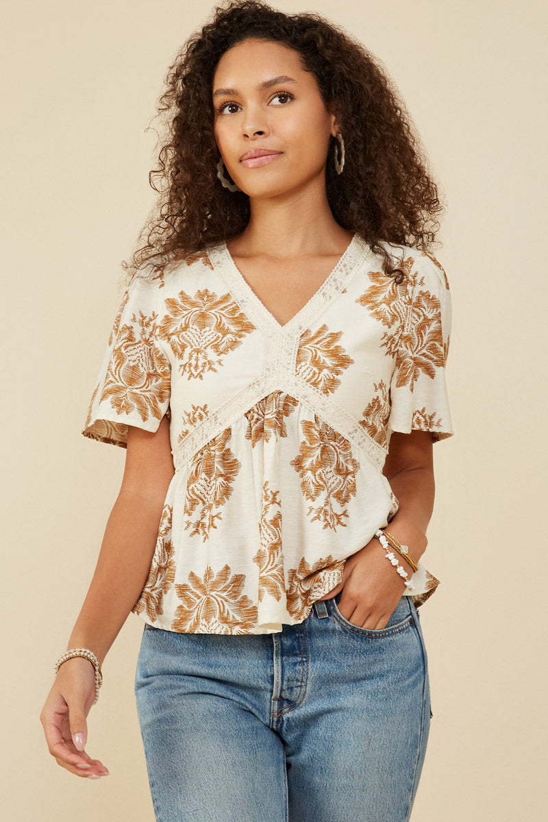 HY9273 Taupe Womens Textured Print Lace Detailed V Neck Top Gif