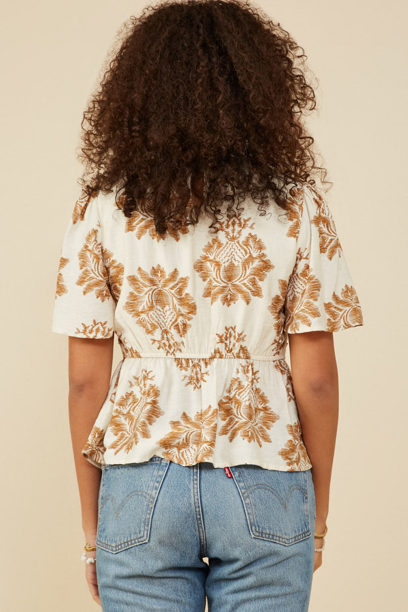 HY9273 Taupe Womens Textured Print Lace Detailed V Neck Top Side