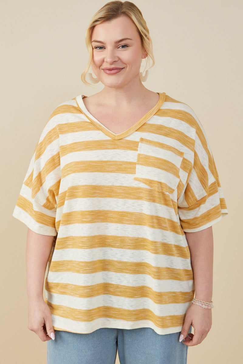HY9286 Honey Womens Relaxed Fit Marled Striped Raw Edge Knit T Shirt Front