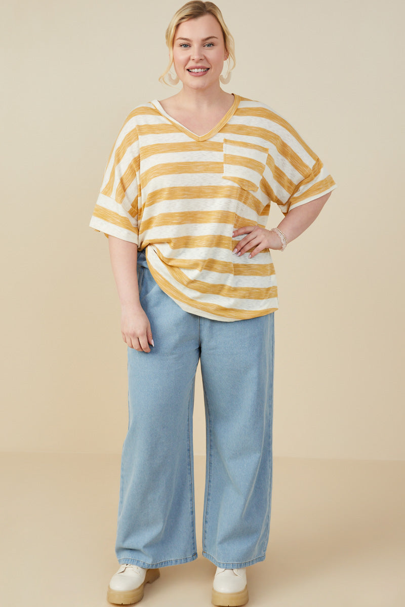 HY9286 Honey Womens Relaxed Fit Marled Striped Raw Edge Knit T Shirt Back