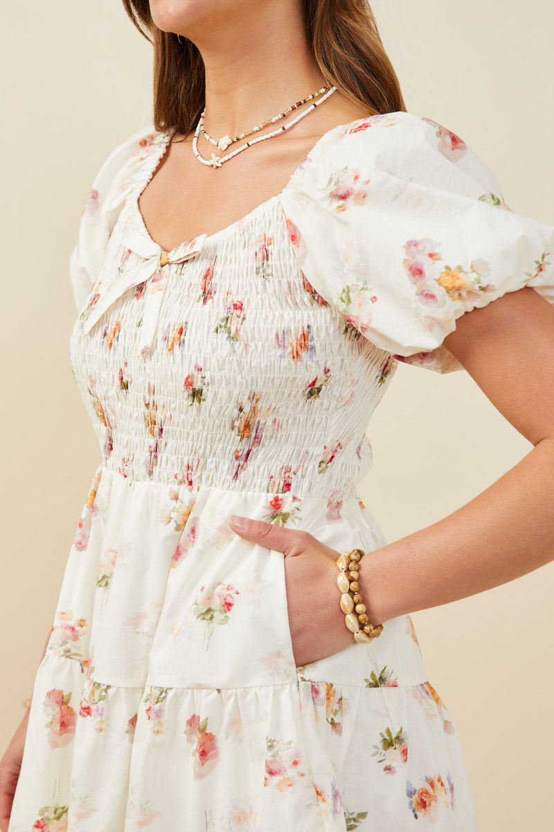 HY9415 Cream Womens Bow Detailed Smocked Textured Floral Dress Full Body