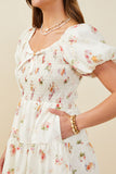 HY9415 Cream Womens Bow Detailed Smocked Textured Floral Dress Full Body