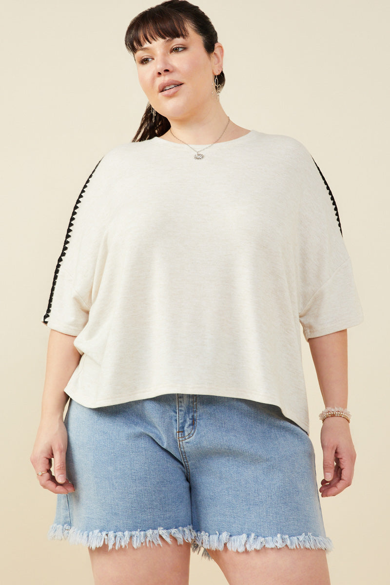 HY9445W Taupe Plus Contrast Stitch Detail Drop Shoulder Knit Top Front