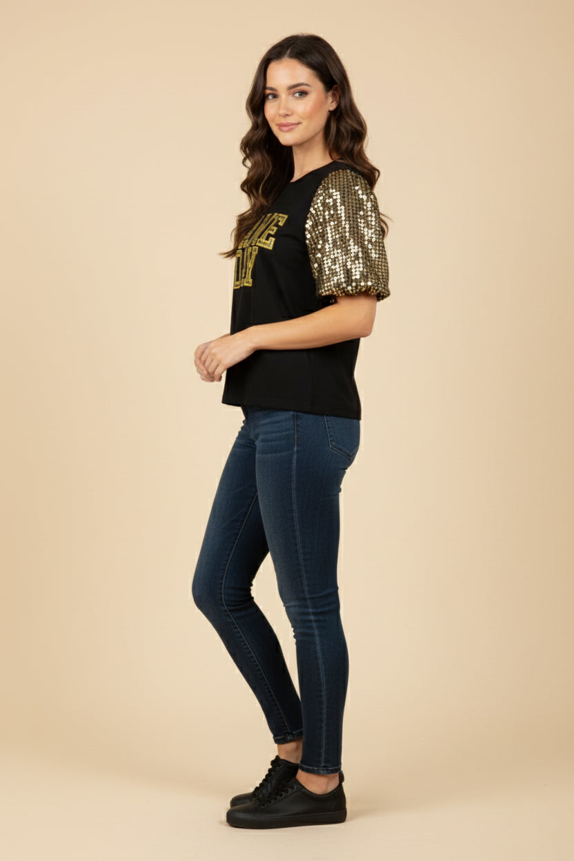 HY9581 Black Womens Gameday Contrast Sequin Sleeve Jersey T Shirt Back
