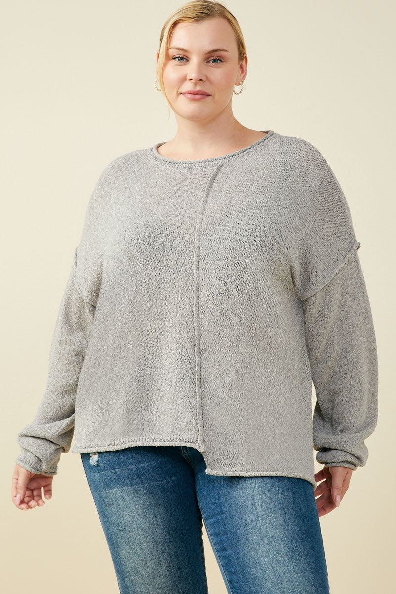HY9627 Grey Womens Stitch Detail Asymmetric Sweater Top Pose