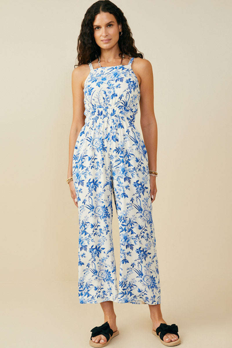 HY9656 Blue Womens Monochrome Floral Smocked Waist Jumpsuit Front