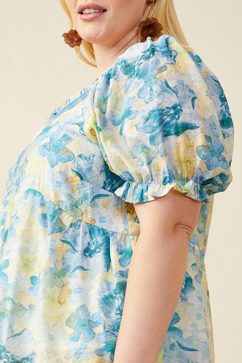 HY9659W Blue Plus Watercolor Floral V Neck Ruffled Peplum Top Gif