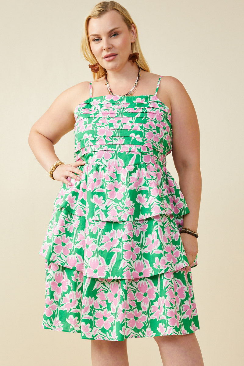HY9662W Green Plus Bold Floral Pleated Bodice Tiered Mini Tank Dress Front