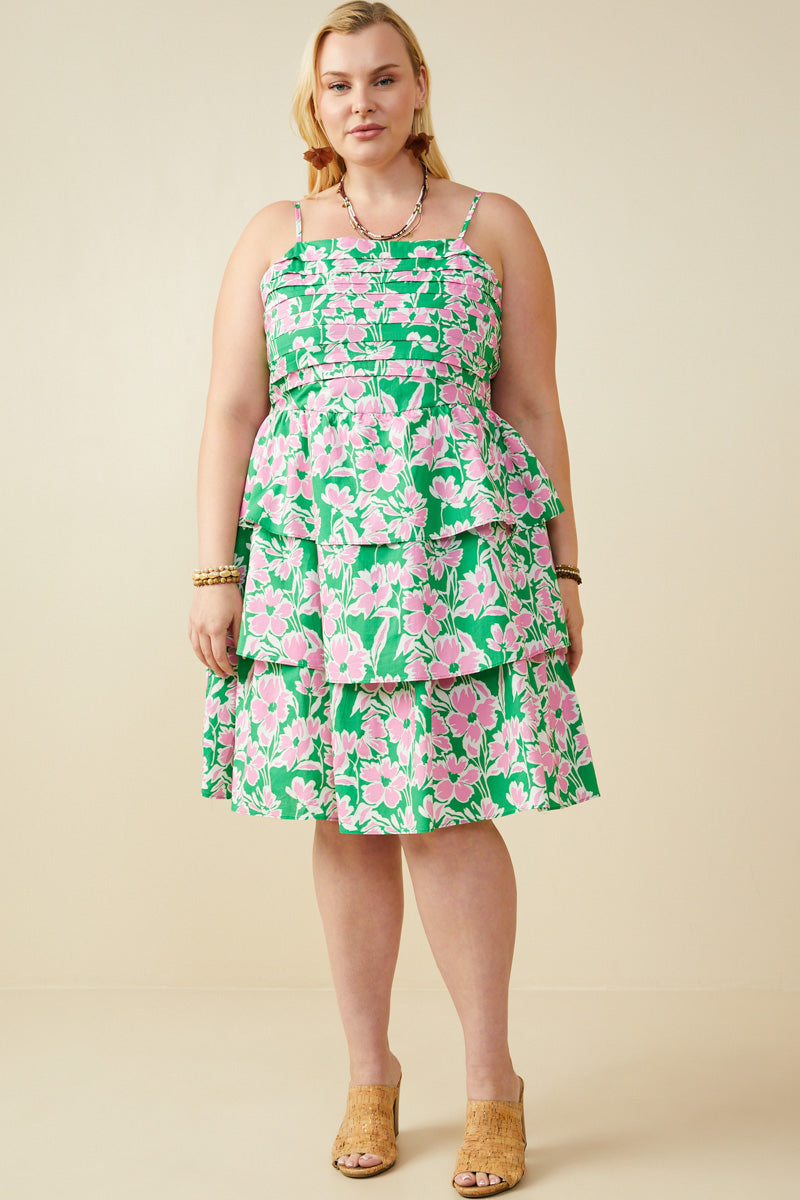 HY9662 Green Womens Bold Floral Pleated Bodice Tiered Mini Tank Dress Back