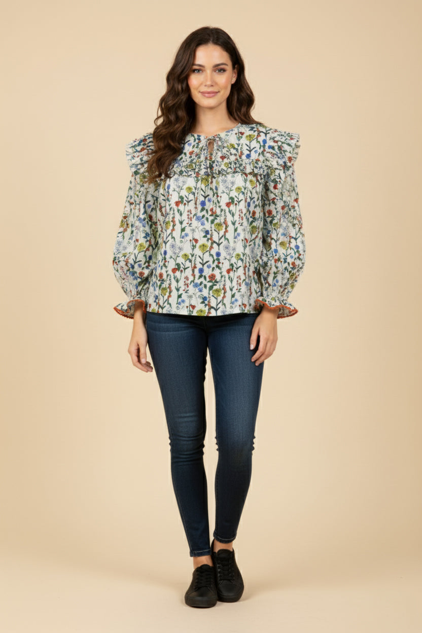 HY9740 Cream Womens Floral Print Tie Front Contrast Lace Detail Top Front