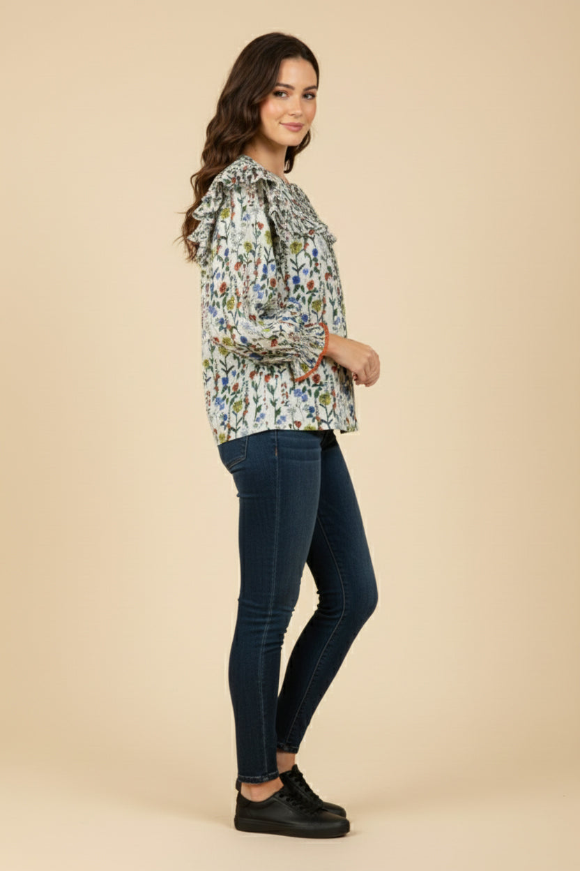 HY9740 Cream Womens Floral Print Tie Front Contrast Lace Detail Top Side