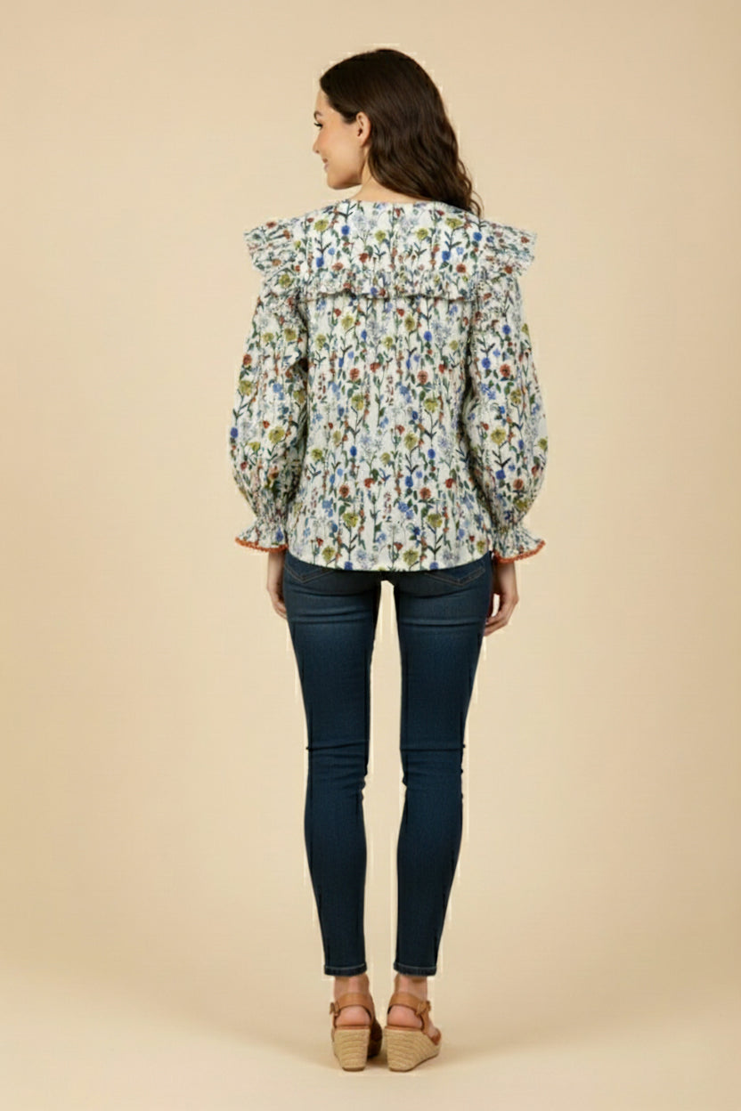 HY9740 Cream Womens Floral Print Tie Front Contrast Lace Detail Top Back