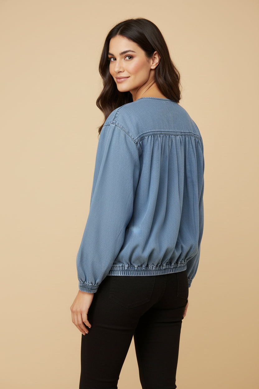 HY9770 Light Denim Womens Gathered Detail Batwing Sleeve Denim Jacket Side