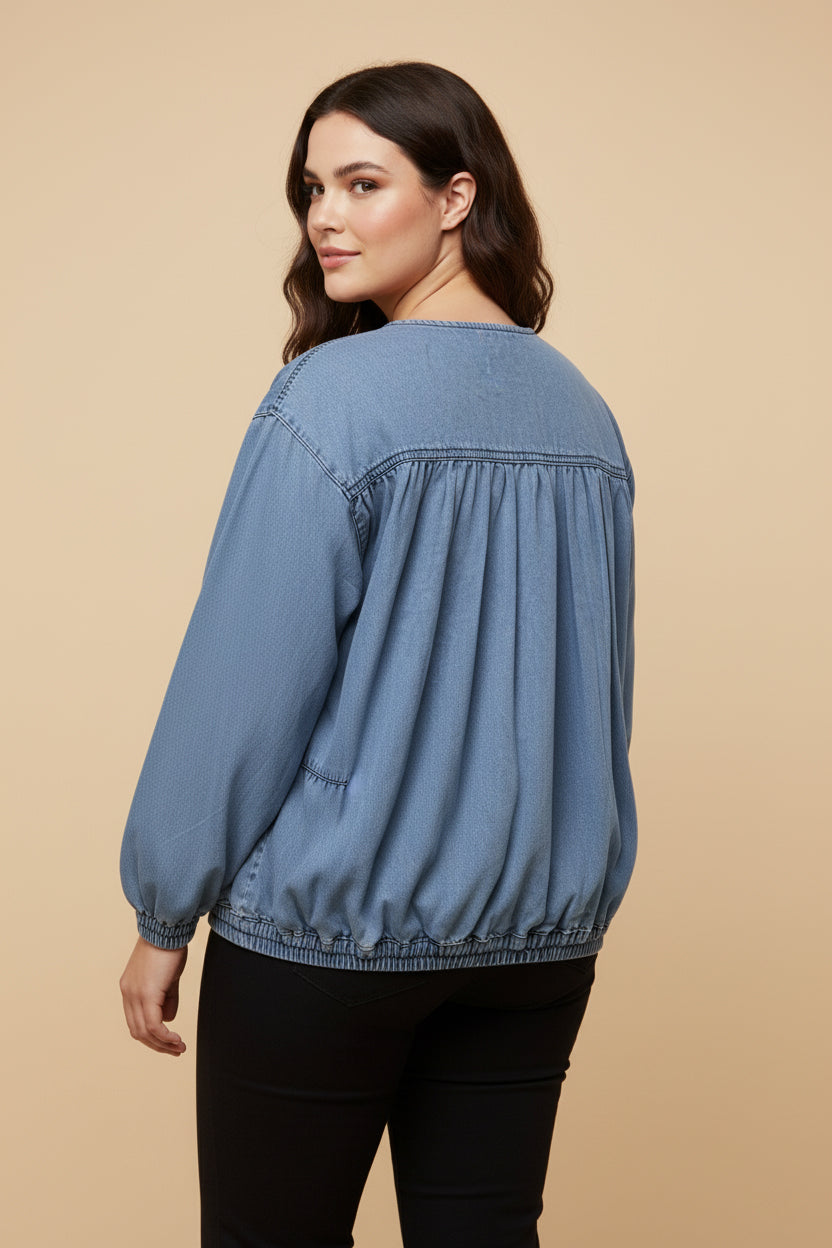 HY9770W Light Denim Womens Gathered Detail Batwing Sleeve Denim Jacket Side
