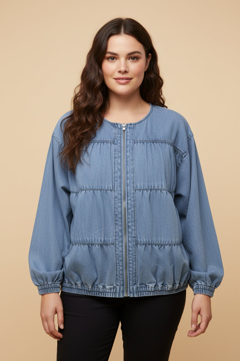 HY9770W Light Denim Womens Gathered Detail Batwing Sleeve Denim Jacket Back