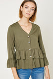 H10027 Black Womens V-neck Button-Down Tiered Ruffle Hem Top Side